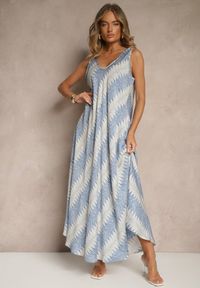 Renee - Niebieska Rozkloszowana Sukienka z Geometrycznym Wzorem Lumire. Kolor: niebieski. Materiał: skóra. Wzór: geometria. Styl: elegancki