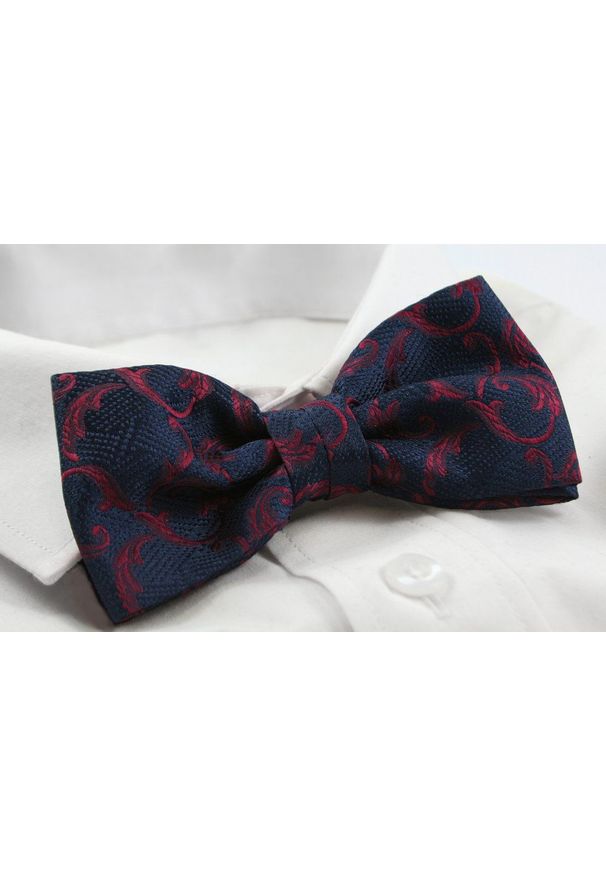 Męska Mucha z Poszetką w Zestawie - Alties - Granatowa, Wzór Ciemnoczerwony. Kolor: niebieski. Styl: sportowy, elegancki