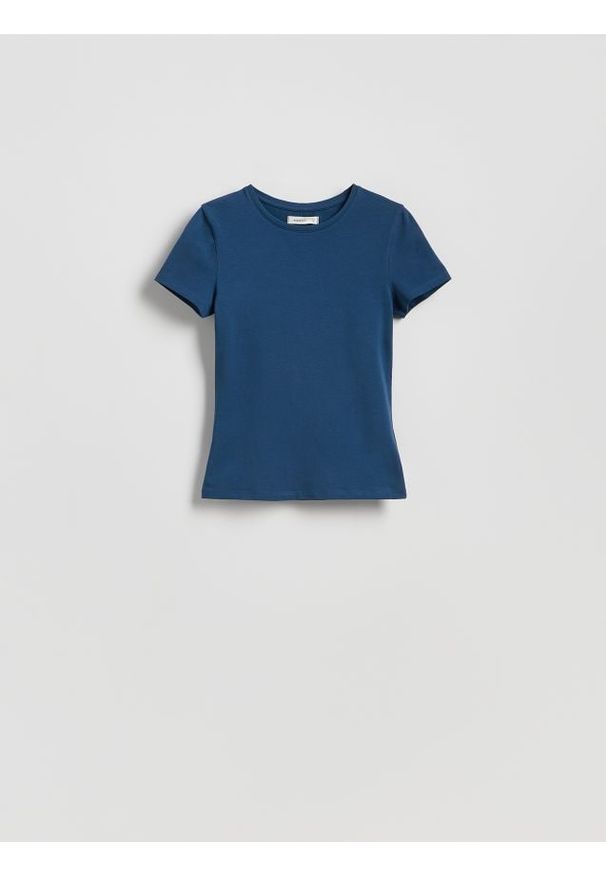 Reserved - Bawełniany t-shirt slim fit - granatowy. Kolor: niebieski. Materiał: bawełna