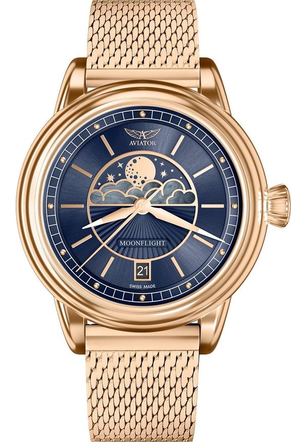 AVIATOR - Zegarek Aviator Zegarek damski Aviator V.1.33.2.256.5 różowe złoto. Kolor: złoty, wielokolorowy, różowy