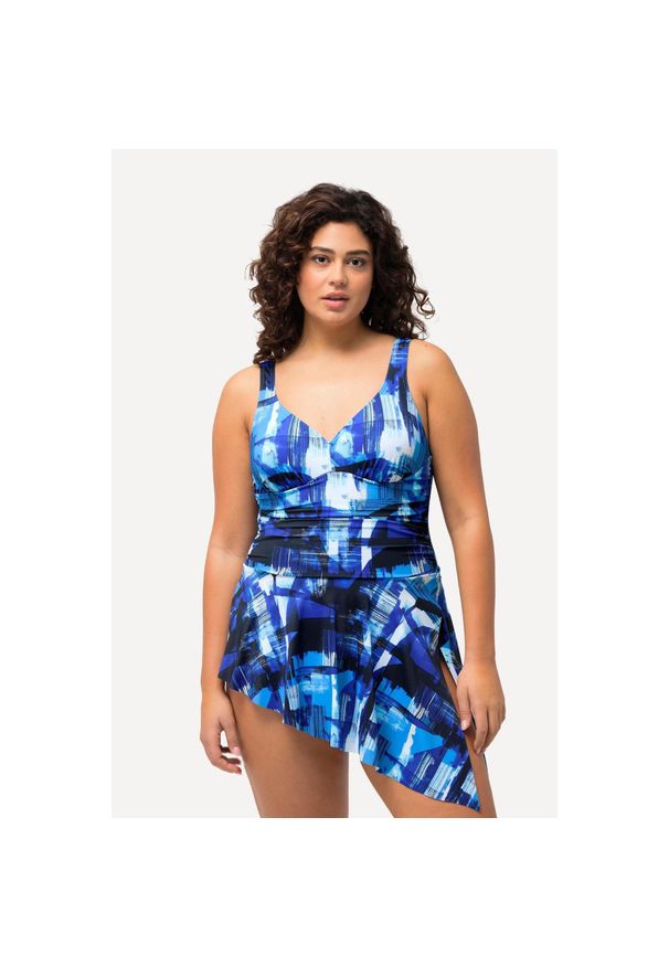 ULLA POPKEN - Damska Sukienka Kąpielowa geometryczny nadruk miękkie miseczki wydłużone boki. Kolekcja: plus size. Kolor: niebieski. Materiał: poliamid, poliester, materiał, elastan. Wzór: geometria, nadruk