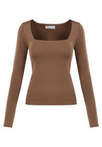 Born2be - Brązowa Bluzka Alexusi. Typ kołnierza: dekolt kwadratowy. Kolor: brązowy. Materiał: dzianina. Długość rękawa: długi rękaw. Długość: długie. Wzór: gładki. Styl: elegancki #3
