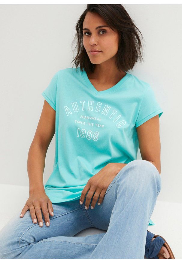 bonprix - Długi T-shirt z czystej bawełny organicznej. Kolor: zielony. Materiał: bawełna. Długość: długie. Wzór: nadruk