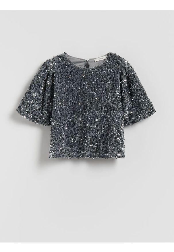 Reserved - Cekinowa bluzka - jasnoszary. Kolor: szary. Materiał: tkanina. Długość: krótkie