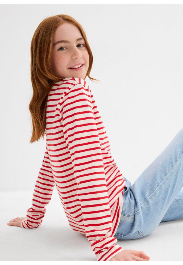 bonprix - Bluzka z długim rękawem z czystej bawełny organicznej (3 szt.). Kolor: czerwony. Materiał: bawełna. Długość rękawa: długi rękaw. Długość: długie