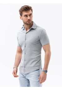 Ombre Clothing - Koszula męska dzianinowa z krótkim rękawem - szara V5. Kolor: szary. Materiał: dzianina. Długość rękawa: krótki rękaw. Długość: krótkie. Styl: klasyczny