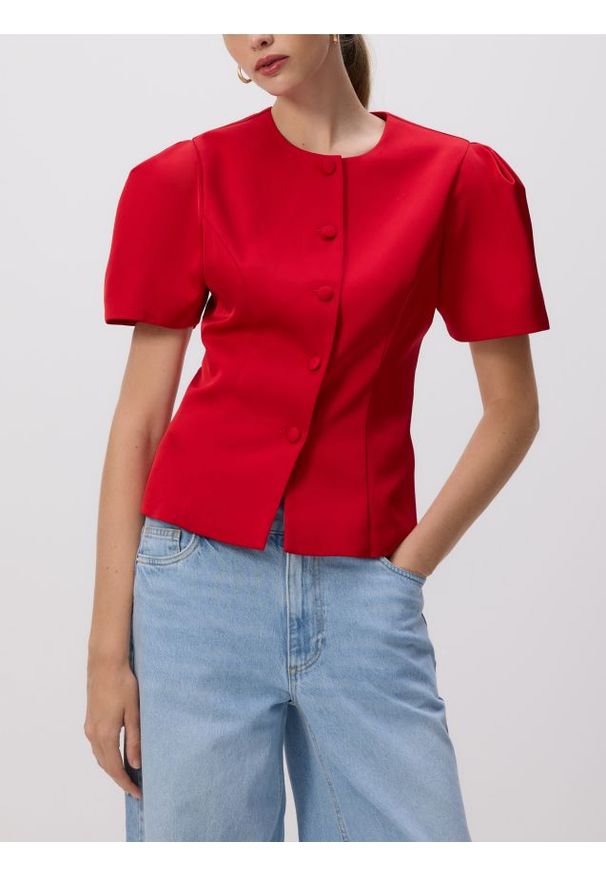 Reserved - Bluzka z bufkami - czerwony. Kolor: czerwony. Materiał: tkanina