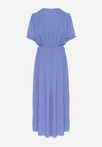 Born2be - Niebieska Kopertowa Sukienka z Bawełną i Paskiem Ivellevia. Okazja: na co dzień. Typ kołnierza: dekolt w serek. Kolor: niebieski. Materiał: bawełna. Długość rękawa: długi rękaw. Sezon: lato. Typ sukienki: kopertowe. Styl: casual, elegancki, klasyczny #6