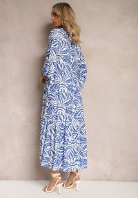 Renee - Biało-Niebieska Sukienka Maxi z Falbanką z Guzikami i Orientalnym Wzorem Polka. Kolor: biały. Długość rękawa: długi rękaw. Styl: elegancki. Długość: maxi #4