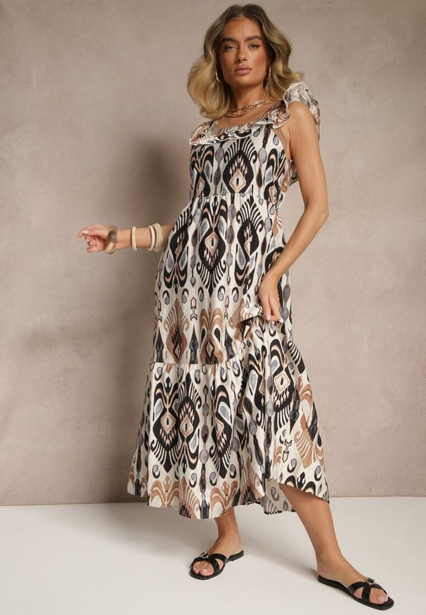 Renee - Czarna Sukienka Rozkloszowana Wiskozowa Wiązana na Plecach we Wzór Boho Turieza. Okazja: na co dzień. Kolor: czarny. Materiał: wiskoza. Typ sukienki: proste. Styl: boho