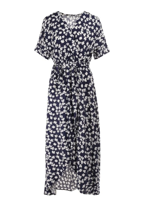 Born2be - Granatowa Sukienka Achanie. Typ kołnierza: dekolt w serek. Kolor: niebieski. Materiał: wiskoza, materiał. Długość rękawa: krótki rękaw. Typ sukienki: kopertowe, asymetryczne. Długość: maxi