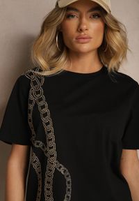 Renee - Czarny T-shirt z Bawełny Ozdobiony Cyrkoniami Lavnelis. Kolor: czarny. Materiał: bawełna. Wzór: aplikacja