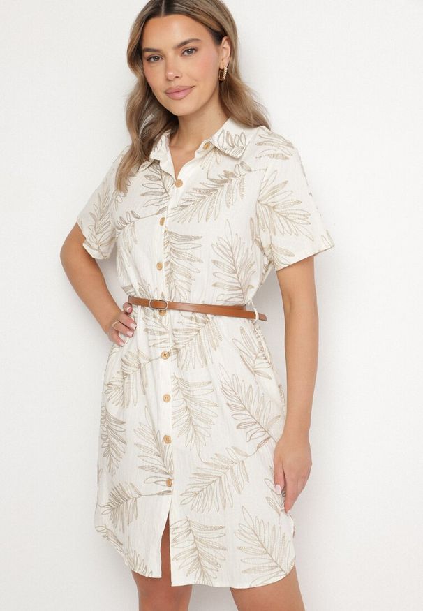 Born2be - Beżowa Koszulowa Sukienka z Bawełny w Liście z Paskiem Eveledia. Okazja: na co dzień. Kolor: beżowy. Materiał: bawełna. Długość rękawa: krótki rękaw. Sezon: lato. Typ sukienki: koszulowe. Styl: elegancki, casual