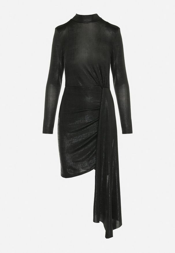 Born2be - Czarna Dopasowana Sukienka Mini o Asymetrycznym Fasonie z Metalicznym Połyskiem Buttera. Kolor: czarny. Materiał: materiał. Typ sukienki: asymetryczne. Długość: mini