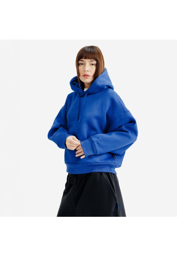 Decathlon - Bluza z kapturem damska Elementals. Typ kołnierza: kaptur. Kolor: niebieski. Materiał: poliester, elastan, tkanina, prążkowany, bawełna, materiał