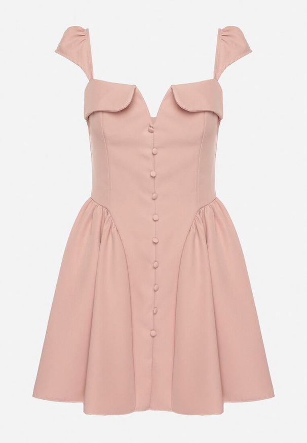 Born2be - Ciemnoróżowa Rozkloszowana Sukienka z Ozdobnym Dekoltem i Guzikami Salasesia. Okazja: na co dzień. Typ kołnierza: dekolt kwadratowy. Kolor: różowy. Styl: casual, elegancki