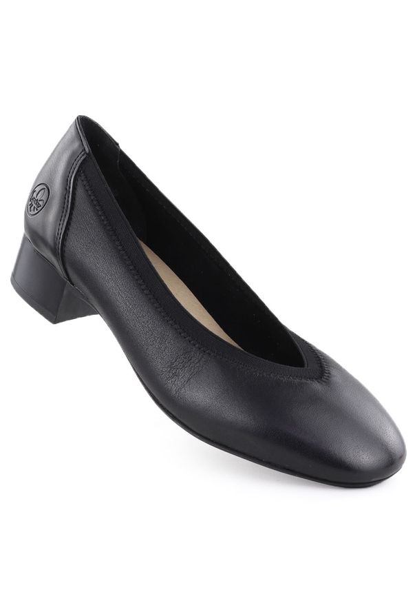 Skórzane czółenka damskie na niskim obcasie czarne Rieker 43452-00. Kolor: czarny. Materiał: skóra. Obcas: na obcasie. Wysokość obcasa: niski