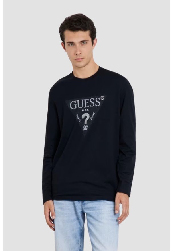 Guess - GUESS Granatowy męski longsleeve Ls Cn, Rozmiar L. Kolor: niebieski. Materiał: bawełna. Długość rękawa: długi rękaw. Długość: długie