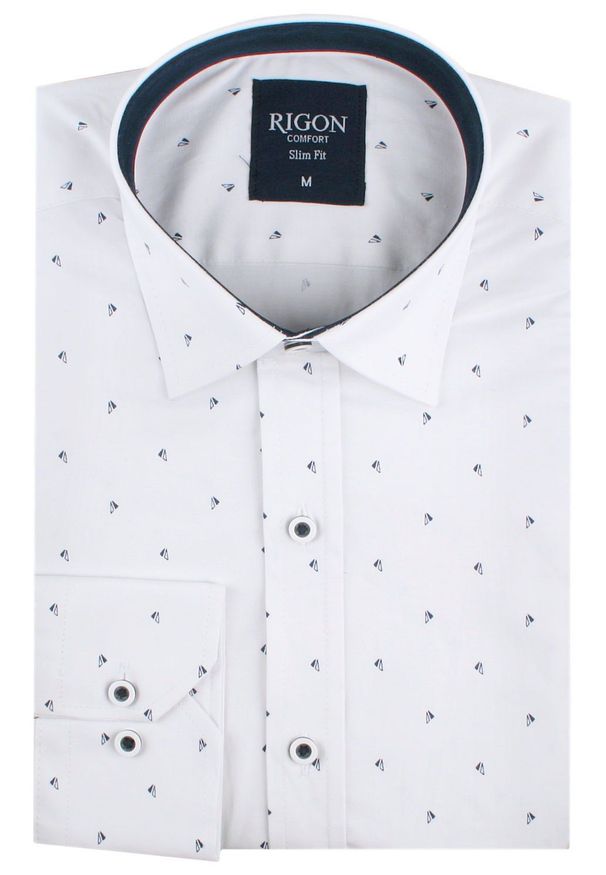 Męska Koszula, Taliowana (Slim Fit) - Rigon - Biała, Delikatny Wzór. Okazja: do pracy, na spotkanie biznesowe. Kolor: biały. Materiał: bawełna, poliester, elastan. Długość rękawa: długi rękaw. Długość: długie. Styl: wizytowy, elegancki, biznesowy