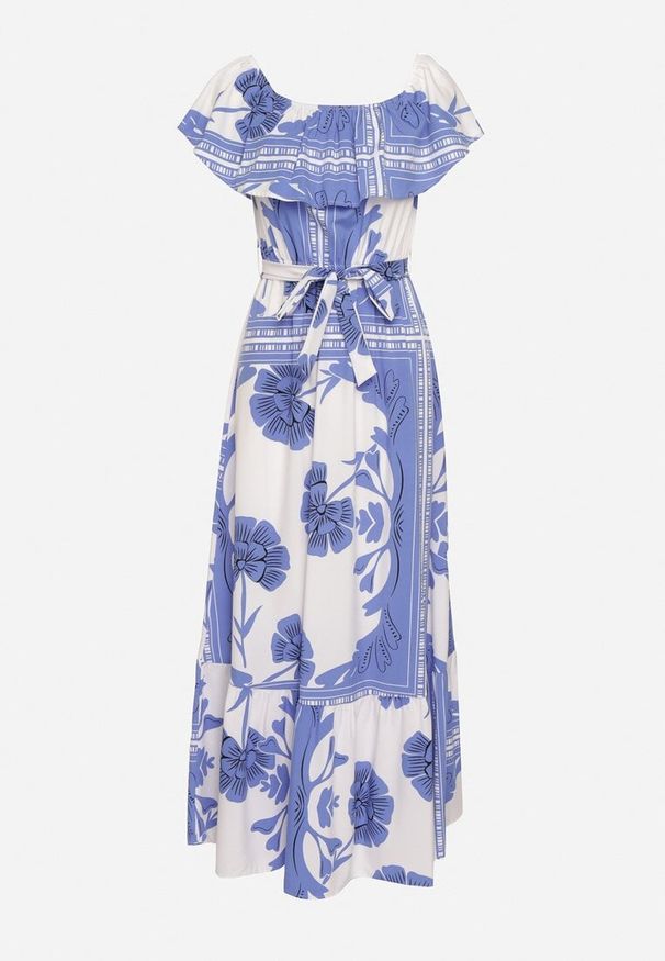 Born2be - Niebiesko-Biała Sukienka Typu Hiszpanka z Gumką w Pasie i Materiałowym Paskiem Ozdobiona Falbanką Woneri. Typ kołnierza: dekolt hiszpanka. Kolor: niebieski. Materiał: materiał. Wzór: aplikacja