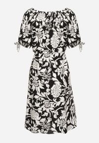 Born2be - Czarna Bawełniana Sukienka w Ornamentalne Rośliny z Wiązaniem Przy Rękawach Tosvena. Okazja: na co dzień, na spacer, na imprezę. Kolor: czarny. Materiał: bawełna. Styl: casual, elegancki #7