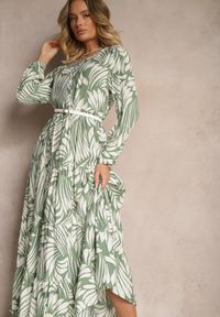 Renee - Zielona Sukienka z Wiskozą o Rozkloszowanym Kroju w Abstrakcyjny Wzór Grelaviel. Okazja: na co dzień, na spacer. Kolor: zielony. Materiał: wiskoza. Długość rękawa: długi rękaw. Typ sukienki: proste, rozkloszowane. Styl: klasyczny, elegancki, casual #4