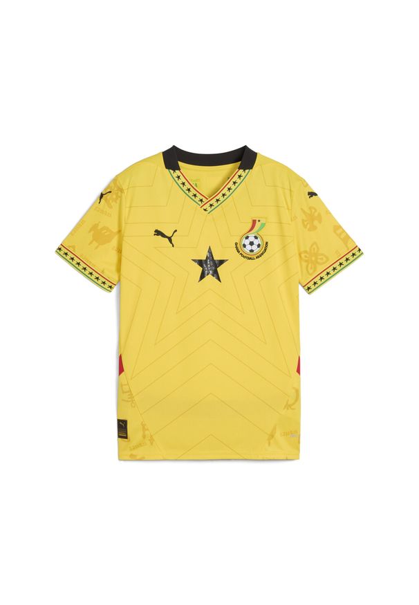 Puma - Młodzieżowa koszulka wyjazdowa Ghana 2025 PUMA Pelé Yellow Black. Kolor: czarny, wielokolorowy, żółty. Wzór: aplikacja. Sport: piłka nożna