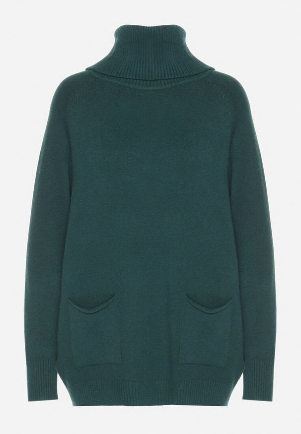 Born2be - Ciemnozielony Golf z Wiskozą Zdobiony Wsuwanymi Kieszonkami Viaela. Okazja: na co dzień. Typ kołnierza: golf. Kolekcja: plus size. Kolor: zielony. Długość: długie. Wzór: aplikacja. Materiał: wiskoza. Długość rękawa: długi rękaw. Styl: elegancki, casual