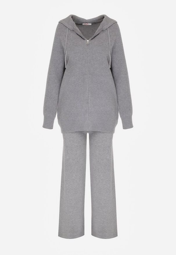 Born2be - Ciemnoszary Komplet z Wełną i Bawełną Szerokie Spodnie i Rozpinana Bluzka z Kapturem Reikania. Kolor: szary. Materiał: wełna, bawełna