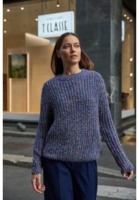 MOODO - Sweter ozdobiony kolorową nitką granatowy. Kolor: niebieski. Materiał: poliamid, akryl, poliester. Wzór: kolorowy, aplikacja #1