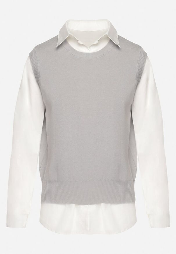 Born2be - Szara Kamizelka z Prążkowanej Dzianiny z Klasyczną Koszulą Verisande. Okazja: na co dzień. Kolor: szary. Materiał: dzianina, prążkowany. Styl: klasyczny