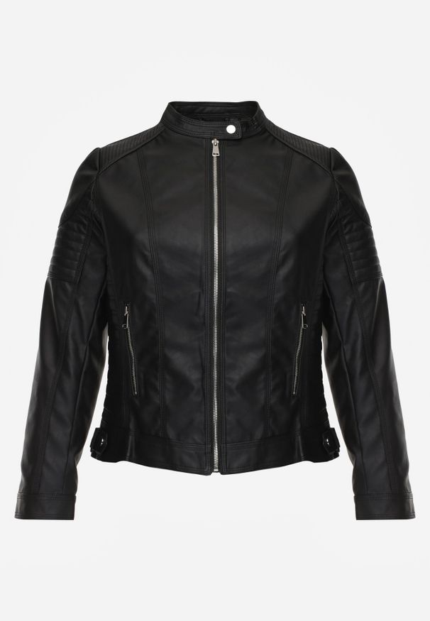 Born2be - Czarna Kurtka Ramoneska o Taliowanym Kroju ze Stójką na Nap Lissae. Okazja: na co dzień. Typ kołnierza: kołnierzyk stójkowy. Kolekcja: plus size. Kolor: czarny. Materiał: jeans. Styl: casual, elegancki, klasyczny