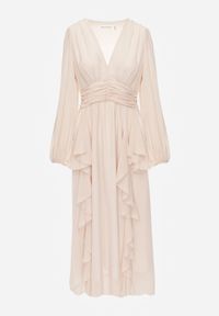 Born2be - Beżowa Romantyczna Sukienka Koktajlowa z Falbanami i Marszczeniem w Pasie Aranilla. Typ kołnierza: kołnierz z falbankami. Kolor: beżowy. Materiał: materiał, tkanina. Wzór: gładki, aplikacja. Typ sukienki: rozkloszowane. Styl: wizytowy #2