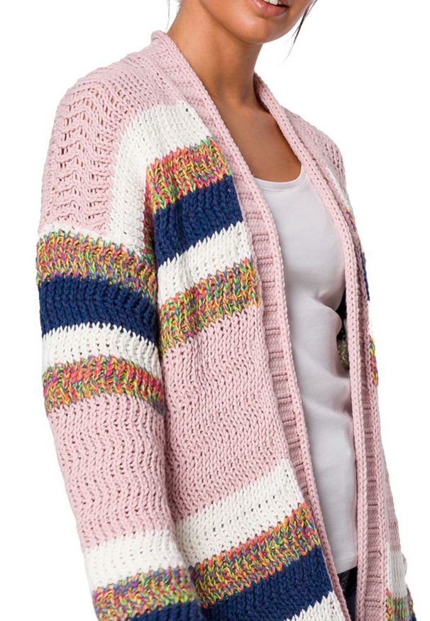 BE Knit - Kolorowy długi sweter kardigan narzutka z modnym splotem. Materiał: materiał, akryl. Długość rękawa: długi rękaw. Długość: długie. Wzór: ze splotem, kolorowy