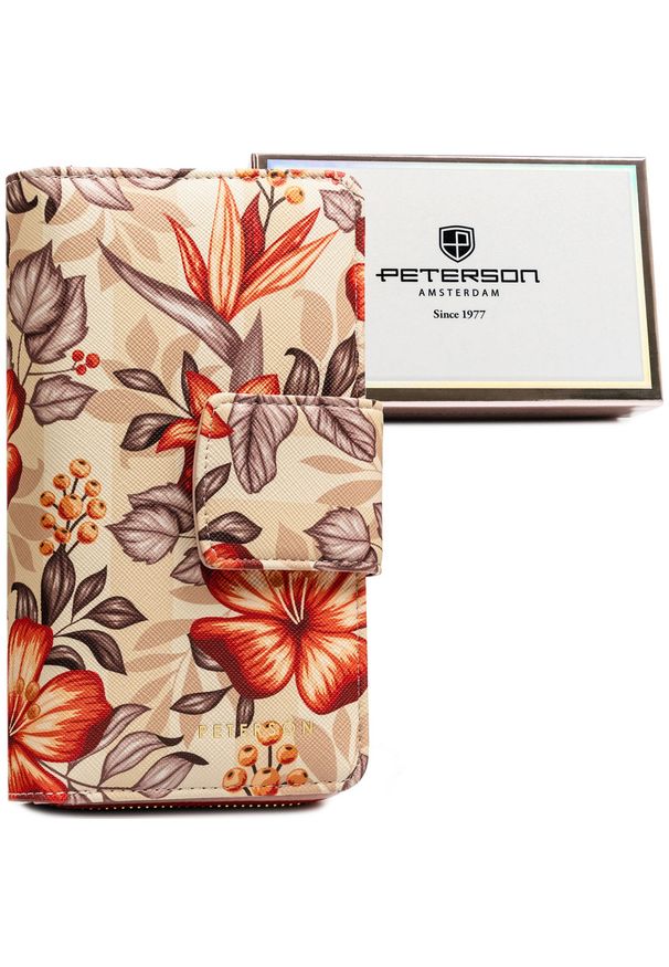 Portfel damski Peterson PTN 76116-F8 wzór 5. Materiał: skóra ekologiczna. Wzór: aplikacja, kwiaty, nadruk