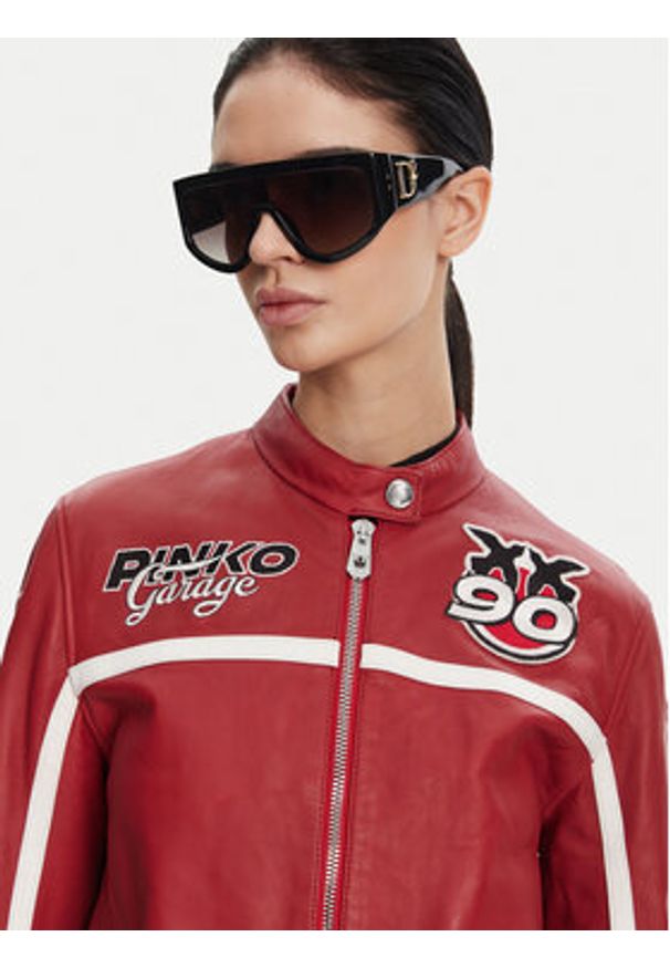 Pinko - PINKO Kurtka skórzana 105296 Bordowy Regular Fit. Kolor: czerwony. Materiał: skóra