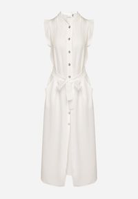 Born2be - Biała Sukienka Koszulowa o Rozkloszowanym Kroju z Wiązaniem w Pasie Mavirielle. Okazja: na co dzień. Typ kołnierza: dekolt w serek. Kolor: biały. Materiał: skóra. Długość rękawa: długi rękaw. Typ sukienki: koszulowe. Styl: casual, elegancki #3