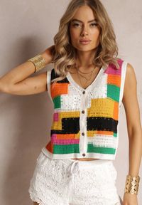 Renee - Biało-Żółty Top z Bawełnianej Dzierganej Tkaniny Zapinany na Guziki Kawayne. Kolor: biały. Materiał: bawełna, dziergany, tkanina. Styl: boho #3