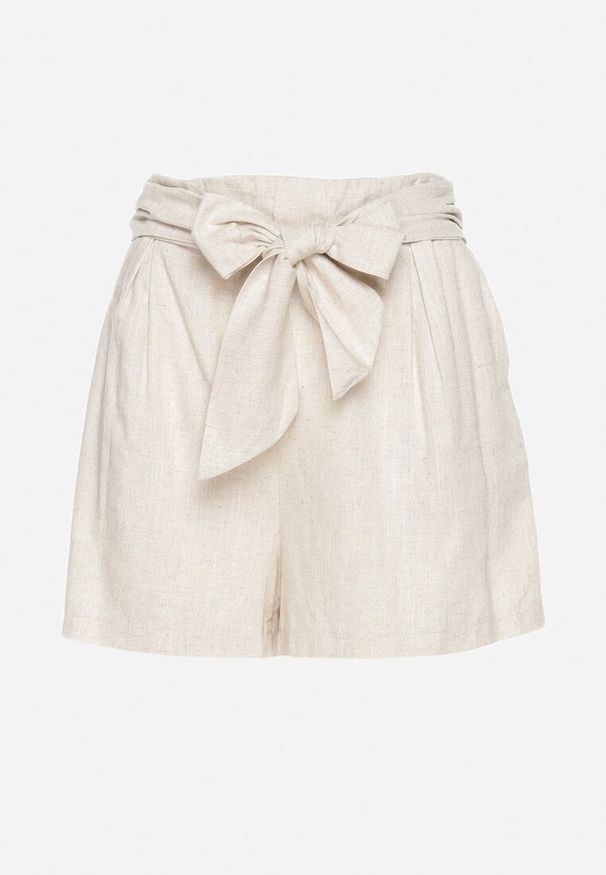 Born2be - Beżowe Bawełniane Szorty z Gumką w Pasie i Paskami po Bokach Fotina. Kolor: beżowy. Materiał: bawełna. Styl: elegancki