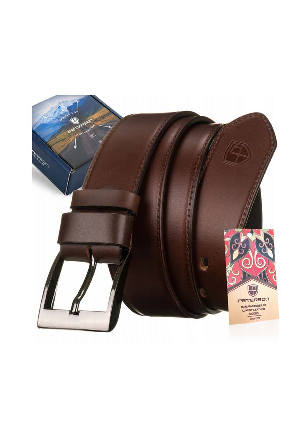 Pasek męski brązowy Peterson PTN PRS-08-G-105-BR 105. Kolor: brązowy. Materiał: skóra. Wzór: aplikacja. Styl: elegancki