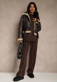 Renee - Brązowy Komplet Oversize z Dzianiny z Wełną Sweter i Szerokie Spodnie Alenria. Kolor: brązowy. Materiał: dzianina, wełna #2