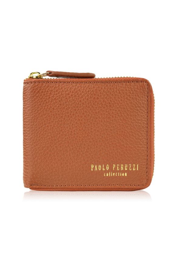 PAOLO PERUZZI - Portfel damski skórzany mały koniakowy w orientacji poziomej z RFID Paolo Peruzzi KV-04-CG. Materiał: skóra