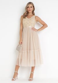 Born2be - Beżowa Rozkloszowana Sukienka Midi z Ozdobnym Tiulem Celaina. Kolor: beżowy. Materiał: tiul. Długość: midi #5