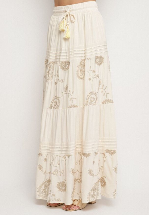 Born2be - Beżowy Komplet z Wiskozy w Stylu Boho Koszula Nietoperz i Spódnica Sepalisse. Kolor: beżowy. Materiał: wiskoza