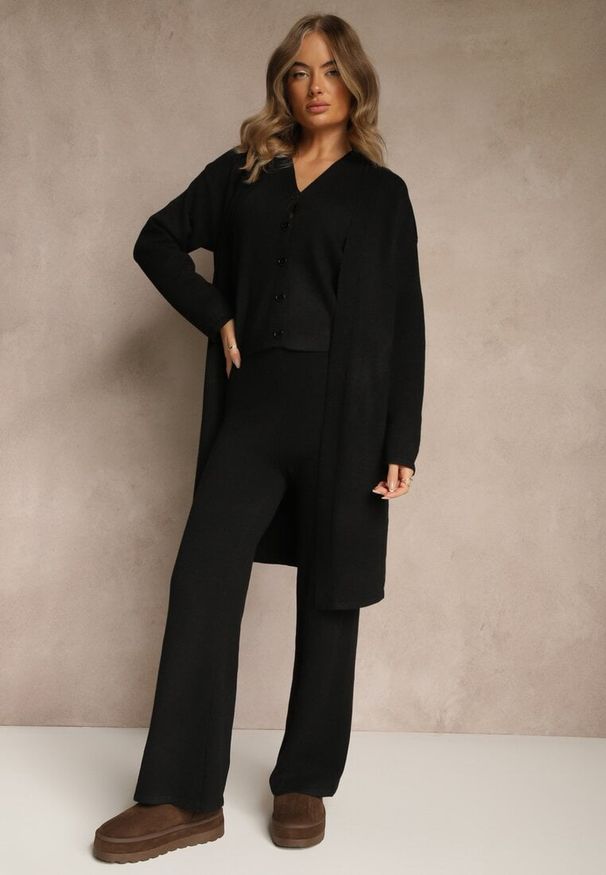Renee - Czarny Komplet z Dzianiny z Wełną Długi Kardigan Spodnie i Kamizelka Otizane. Kolekcja: plus size. Kolor: czarny. Materiał: dzianina, wełna. Wzór: aplikacja