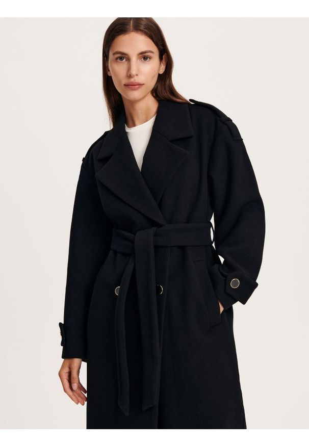 Reserved - Płaszcz z wełną - czarny. Kolor: czarny. Materiał: wełna