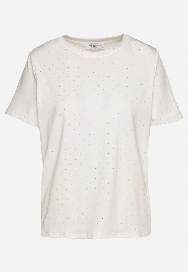 Born2be - Biały T-shirt z Wiskozą i Cyrkoniami Sanistria. Okazja: na co dzień, na spacer. Kolor: biały. Materiał: wiskoza. Styl: klasyczny, casual
