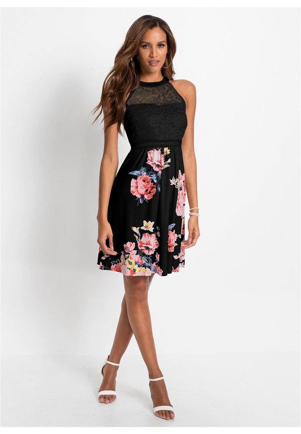 bonprix - Sukienka z dżerseju z koronką. Kolor: czarny. Materiał: jersey, koronka. Wzór: koronka