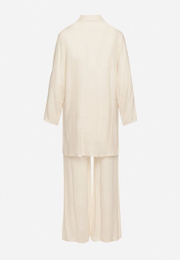 Born2be - Beżowy 2-Częściowy Komplet Luźna Koszula Spodnie z Gumką w Pasie i Rozcięciem Neviana. Kolor: beżowy. Materiał: bawełna