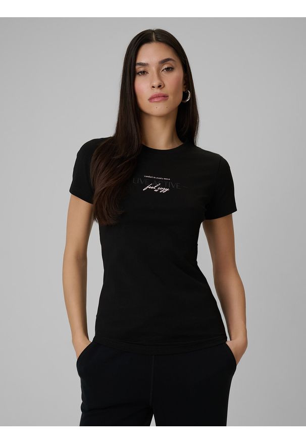 4f - 4F T-shirt slim z nadrukiem damski - czarny S. Okazja: na co dzień. Kolor: czarny. Materiał: jeans, materiał. Wzór: nadruk. Styl: casual